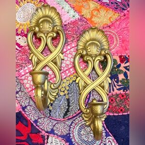 Vintage Hollywood Regency MCM Homco Gold Shell Wall Sconce Pair